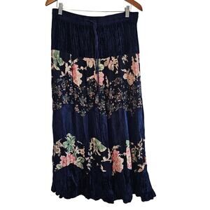 Vintage Velvet Patchwork Skirt Women Med Blue Floral Boho Whimsygoth Retro Fairy